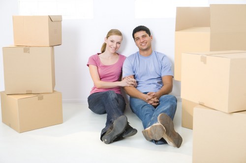 Business relocation setup showing organised boxes and office items in Leyton