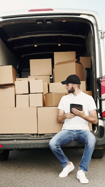 A man wearing a black cap, white t-shirt, and blue jeans is seated on the ground next to the open rear of a delivery van. Inside the van, there are multiple cardboard boxes of various sizes stacked on